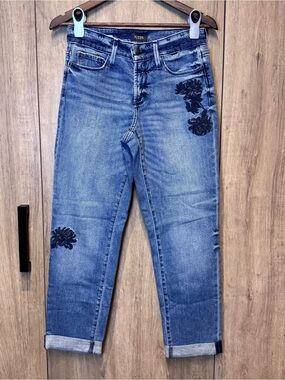 NYDJ Faded Blue Jessica Relaxed Boyfriend Ankle Jeans Navy Floral Embroidery 0